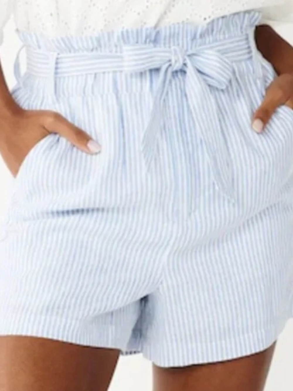 Striped Paperbag Waist Shorts - Light Blue & White - Picture 5 of 5